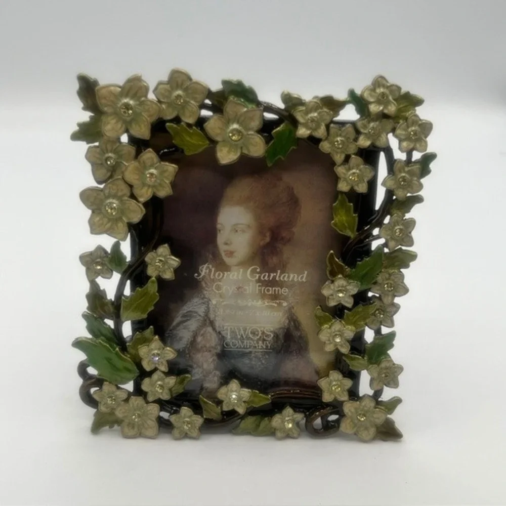 Twos Company Floral Garland Austrian Crystal Photo Frame 3x4 Enameled Bronze
